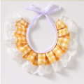 Plaid pet bib in orange and yellow with white lace ruffles and adjustable fabric ties - Bright Yellow Plaid