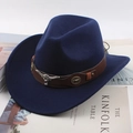 Navy blue western cowboy hat with brown leather band and metallic bull head buckle - Leather Strap Bull Head / Navy Blue