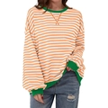 Felpa da donna a righe arancioni e bianche con dettagli a costine verdi, stile casual chic - Arancione