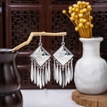 Ethnic style long tassel drop earrings in bright silver finish with diamond-shaped design - Silver Rhombus Long Style Tassel(E4858-2)