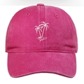 Close-up of white palm tree embroidery on a vintage washed deep pink baseball cap - Rose Red