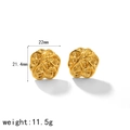 Macro detail of gold-plated woven texture stud earrings with size and weight metrics - Geometric Spherical Twist Style (TE6881)