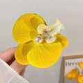 Elegant white and yellow mesh flower hair clip with a pearl center and dotted petals - Bright Yellow Orchid