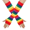 Dettaglio dei manicotti a maglia a righe arcobaleno con foro per il pollice su bianco - Arcobaleno Rosso Motivo 1