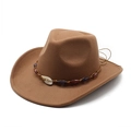 Vintage camel wool felt cowboy hat with ethnic beaded band and shell detail - M (56-58cm) / Khaki