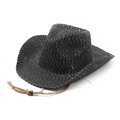 Western black straw cowboy hat with gold sequins and adjustable chin strap for sun protection - Black (With Gold Sequins) / M (56-58cm)