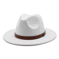 Classic white wool felt fedora hat with wide brim and brown embossed leather band decoration - M (56-58cm) / White