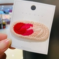 Handmade crochet BB hair clip in red and pink tricolor yarn on white display card - 12# Red Oval Slice