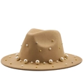 Elegant khaki wool fedora hat with white pearl and metal rivet decorations for women - M (56-58cm) / Camel