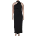 Detail of black halter neck off-shoulder dress with ruched texture and slim fit design - 0XL / Black