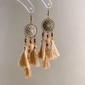 Detail of vintage feather tassel earrings with wooden beads and colorful enamel pattern - 10# Hook Gold-Coffee