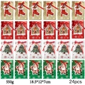 24pcs Christmas kraft paper gift bags featuring Santa and tree motifs with red ribbon ties - 596# Paper Bag Set (24Pcs / 18x12x7.5cm)