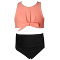 Two-piece girls swimsuit with coral pink tie-front top and high-waisted black bottoms - Pink/Black Two-Piece Set (Ruffled Bottom)