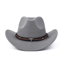 Detail of grey felt cowboy hat featuring a vintage metal bull skull and leather band - M (56-59cm) / Gray With Bull Skull