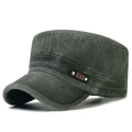 Charcoal grey washed cotton flat top army cap with metallic logo and leather strap detail - Adjustable / Army Green