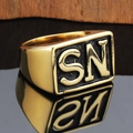 Men's hip hop punk gold titanium ring with SN lettering shown on reflective surface - US 7 / Gold SN
