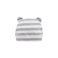 Close-up of baby knit hat with gray and white stripes and cute little ear decorations - Striped