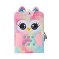 Detail of plush owl diary featuring rainbow gradient faux fur and a shiny crown with metal lock - Colorful