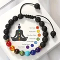 Chakra lava stone beaded bracelet with adjustable woven cord on display box - Adjustable Braided Rope