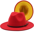 Detail of red wool fedora with yellow underbrim and black leather belt with gold buckle - M (56-58cm) / Red and Yellow