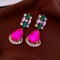 Detail of luxury teardrop earrings featuring pink, green, and purple crystal rhinestones - Pink Purple Teardrop Vintage Style (22#)