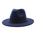 Detailed view of navy blue wool fedora with a textured dark brown braided belt accent - M (56-58cm) / Navy Blue