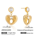 Macro shot of 18K gold-plated stainless steel angel wing heart earrings with white zircons - Angel Wing Heart Drop Earrings (JDE0212203)