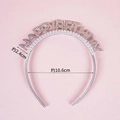 Silver Happy Birthday headband with rhinestones and pearls on pink background - Iridescent Pearl Rhinestone Letter Headband
