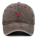 Detailed embroidery of a small strawberry on a vintage washed cotton baseball cap - Adjustable / Coffee