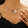 Minimalist silver stainless steel snake chain necklace with polished oval pendant for women - Steel Tone Pebble Necklace (7999)