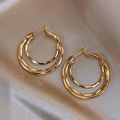 Double golden hoop earrings with S925 silver needles on elegant beige silk fabric - Double Layer Hoop (Gold)