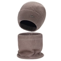 Winter core-spun yarn knitted beanie and neck warmer set in dark coffee brown color - Two-Piece Set / Khaki