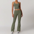 Olive green yoga set with halter crop top and high-waisted flared workout leggings - S / Light Army Green (Top+Flared Pants)