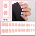 Pink and white French tip square fake nails set shown on hands and in detailed full kit layout - Pink Base White Tips French Style (FS-02) / Glue Type