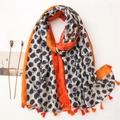 Cotton linen scarf with orange tassels, black polka dots, and bohemian print pattern - SL2008-007 (Black White Dot Orange Edge Tassel)