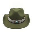 Detail of army green felt cowboy hat featuring ethnic embroidery and turquoise stone buckle - Army Green