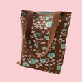 Vintage brown knitted shoulder bag with blue and white floral patterns for women - Brown Green Floral