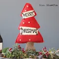 Red burlap fabric Christmas tree desktop ornament with Merry Christmas label and wooden buttons - Solid Red Burlap Tree B