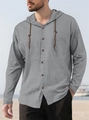 Detail of grey cotton linen hoodie shirt featuring wooden buttons and drawstrings - S / Tops / Gray