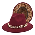 Detail of wine red wool fedora featuring gold cuban chain and leopard print lining - M (56-58cm) / Burgundy