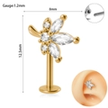 Golden flower labret stud with white zircon, 16G gauge, internal thread piericing jewelry - Style 4 / 1.2x6mm / Gold