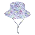 Detail of floral print sun hat with adjustable windproof drawstring and white plastic buckle - Purple Flower