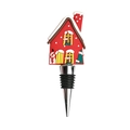 Christmas wine stopper with a snowy red house and snowman design on a metal base - Single-sided Red House