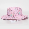 Detailed close-up of pink cotton sun hat with cartoon cat, rainbow and floral patterns - Pink Cat (3#)