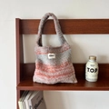 Gradient knit shoulder bag in pink and grey wool, large capacity handmade tote - M / Grey Orange Gradient