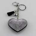 Sparkling rhinestone heart keychain in black finish with leather tassel and silver bell - Black With White Rhinestone