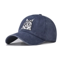 Vintage washed navy blue cotton baseball cap with embroidered cat face on white background - Adjustable / Navy Blue