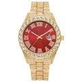 Detailed macro view of gold-tone hip-hop watch with red Roman dial and sparkling crystals - Gold Red Dial