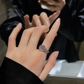 Silver geometric ring with iridescent opal gemstone shown in mirror reflection - Style 8 Adjustable Ring