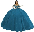 Elegant peacock blue off-shoulder ball gown with silver beaded bodice and sequin tulle - Peacock Blue with Train